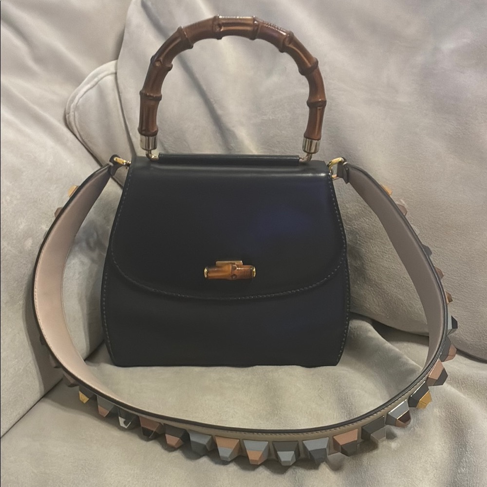 Gucci Vintage Calfskin Black Leather Handbag with Bamboo Top Handle 1947 Bag